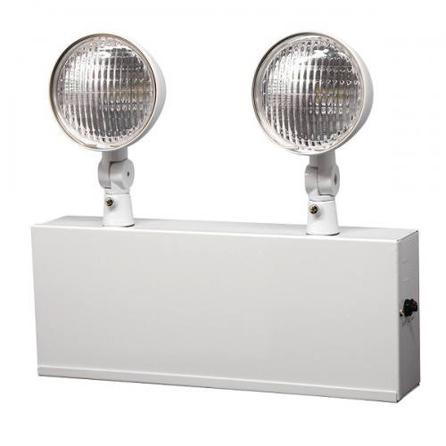 Two, 6V, 5.3 watt adjustable white LED lamp heads.
High performance chrome-plated metallized reflector and glass lens for optimal light distribution
Adjustable 6V or 12V lamp heads provide optimal center-to-center spacing.
Dual 120/277 voltage standard.
Charge rate/power “ON” LED indicator light and push-to-test switch for mandated code compliance testing.
LVD (low voltage disconnect) prevents battery from deep discharge.
6V sealed lead acid, maintenance-free, rechargeable battery.
Remote capacity of 10.0 watts standard on 20.0 watt models.
Internal solid-state transfer switch automatically connects the internal battery to LED board for minimum 90-minute emergency illumination.
Fully automatic solid-state, two rate charger initiates battery charging to recharge a discharged battery in 24 hours.
Universal knockout pattern on the back for wall mount.
Side and top knockouts for conduit feed applications.