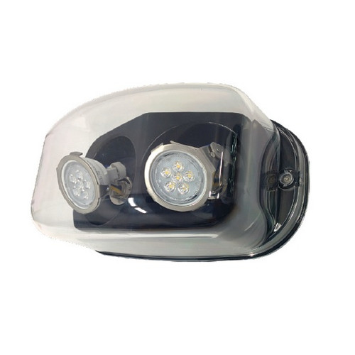 Two fully adjustable, ultra bright 3.3 watt high performance MR-16 base LED lamp heads for optimized
center-to-center spacing.
Powered from low voltage 6V/12V DC power source with low voltage wiring (not provided).
Universal knockout pattern on back provided with gasket for watertight seal for back mount.