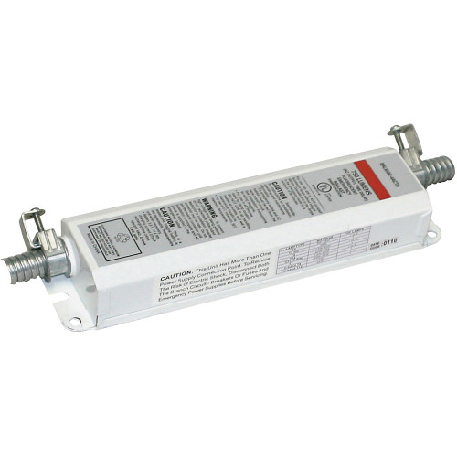 Works with or without an AC ballast to convert new or existing fluorescent fixtures in to unobtrusive emergency lighting.
Operates one or two lamps in the emergency mode for a minimum of 90-minutes.
Provides a maximum initial lumen output of 750 lumens.
Dual 120/277 voltage.
Charge rate/power “ON” LED indicator light and push-to-test switch for mandated code compliance testing.
3.6V long life, maintenance-free, rechargeable sealed NiCd battery.
Internal solid-state transfer switch automatically connects the internal battery to fluorescent lamp for minimum
90-minute emergency illumination.
Fully automatic solid-state, two rate charger initiates battery charging to recharge a discharged battery in 24 hours.
AC output ensures compatibility with newer lamp technologies and helps prolong lamp life.
Time delay enhancement to overcome end-of-life circuit protection.
Suitable for installation inside, on top or in remote* of the fixture.
Can be used in both switched and unswitched fixtures.
UL Listed for factory or field installation.
