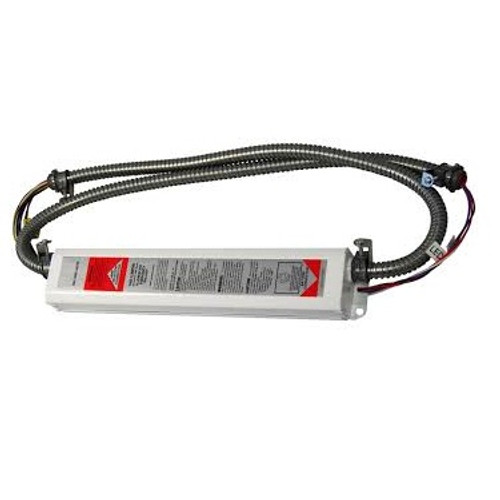 Works with or without an AC ballast to convert new or existing fluorescent fixtures in to unobtrusive emergency lighting.
Operates one or two lamps in the emergency mode for a minimum of 90-minutes.
Provides a maximum initial lumen output of 800 lumens.
Rated for extreme cold temperature applications (-20°C - +50°C).
Dual 120/277 voltage.
Charge rate/power “ON” LED indicator light and push-to-test switch for mandated code compliance testing.
6.0V long life, maintenance-free, rechargeable sealed NiCd battery.
Internal solid-state transfer switch automatically connects the internal battery to fluorescent lamp for minimum
90-minute emergency illumination.
Fully automatic solid-state, two rate charger initiates battery charging to recharge a discharged battery in 24 hours.
AC output ensures compatibility with newer lamp technologies and helps prolong lamp life.
Time delay enhancement to overcome end-of-life circuit protection.
Suitable for installation inside, on top or in remote* of the fixture.
Can be used in both switched and unswitched fixtures.
UL Listed for factory or field installation.