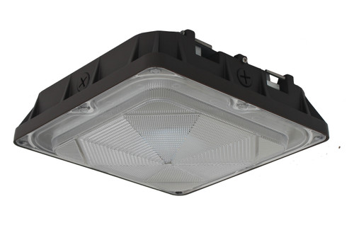 LED CANOPY LIGHT 45 WATTS 5000K - The CPLED-TH LED canopy light is an ideal solution for illuminating parking garages, storage areas, stairwells, and other applications requiring low-profile luminaire that can be surface- or pendant-mounted. With a die cast aluminum housing and a polycarbonate lens, the CPLED will stand up to many years of punishing environmental conditions. High-efficacy, long-life LEDs provide both energy and maintenance cost savings compared to traditional canopy lights with HID, fluorescent or incandescent lamps.

▪ Available in 5000k (cool white) color temperature.*
▪ Long-life LEDs provide a minimum of 60,000 hours of operation with at least 70% of initial lumen output (L70).**
▪ CPLED-TH-45W delivers 4,948 lumens and 112 lumens per watt (LPW), and CPLED-TH-80W delivers 9,548 lumens and 120 LPW.*
▪ Universal 120-277 AC voltage (50-60Hz) is standard.
▪ 0-10vdc dimming capability is standard.
▪ Power factor > 0.90.
▪ Total harmonic distortion < 20%.
▪ Color rendering index > 80.
▪ 4kV surge protector is standard.
▪ Die cast aluminum housing with durable, dark bronze, powder coat paint.
▪ Polycarbonate lens.
▪ Removable, threaded plugs for side attachment of ½” rigid electrical conduit.
▪ Optional PIR (passive infrared) occupancy sensors are available (contact factory for details).
▪ Easy installation in new construction or retrofit.
* Contact factory for other color temperatures and lumen packages.
** L70 hours are IES TM-21-11 calculated hours.