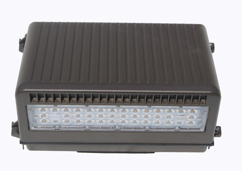 LED FULL-CUTOFF WALL PACK 50 WATTS 4000K & 5000K - The LEDWPFC Series is a rugged, durable LED wall pack that provides full cutoff (i.e., zero uplight and low glare at high angles). It is perfect for outdoor perimeter and area lighting, especially in settings required dark-sky compliance. With a die cast aluminum housing and a polycarbonate lens, the LEDWPFC Series will stand up to many years of punishing environmental conditions. High-efficacy, long-life LEDs provide both energy and maintenance cost savings compared to traditional, HID wall packs.

▪ Available in 4000k (neutral white) and 5000k (cool white) color temperatures.*
▪ Long-life LEDs provide 76,000 hours of operation with at least 70% of initial lumen output (L70).**
▪ LEDWPJ50 provides 5,656 lumens and 120 lumens per watt (LPW) at 4000k, or 5,798 lumens and 123 LPW at 5000k.*
▪ LEDWPJ80 provides 8,789 lumens and 113 LPW at 4000k, or 9,128 lumens and 117 LPW at 5000k.*
▪ Full cutoff (zero lumens above the 90, horizontal plane, and low glare in the 80 to 90 plane). BUG uplight rating is U0.
▪ Uniform illumination with no visible LED pixilation.
▪ Universal 120-277 AC voltage (50-60Hz) is standard.
▪ 0-10vdc dimming capability is standard on LEDWPJ80.
▪ Power factor > 0.90.
▪ Total harmonic distortion < 20%.
▪ Color rendering index > 80.
▪ Die cast aluminum housing with durable, dark bronze, powder coat paint.
▪ Polycarbonate lens with seamless, silicone gasket to prevent leaks.
▪ Easy installation in new construction or retrofit.