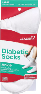Leader Ankle Length Diabetic Socks White Large - 1 Ct