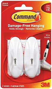Command Medium Wire Wall Hooks - White, 2 Hooks + 4 Strips - 3 lb
