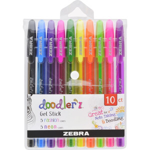 Zebra Doodlerz Gel Stick Pen, Bold Point, 1.0mm Assorted Neon Colors - 10 Pack