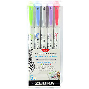 Zebra Mildliner Double-Ended Brush Marker and Fine Tip Pens - Assorted Cool and Refined Colors - 5 count