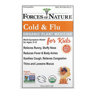 Forces Of Nature, Organic Plant Medicine, Cold & Flu, For Kids Ages 3-12, Lemon, 0.34 Fl Oz