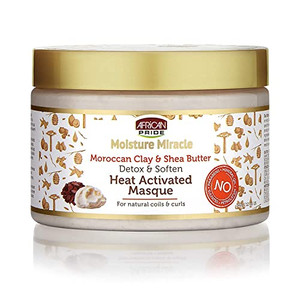 African Pride Moisture Miracle Moroccan Clay & Shea Butter Heat Activated Masque - For Natural Coils & Curls, Detoxes & Softens, Removes Impurities & Product Build-Up From Hair 12 Oz