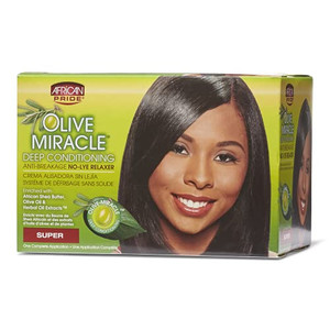African Pride Olive Miracle Deep Conditioning No-Lye Relaxer Super - Contains Aloe Vera, Castor Oil & Biotin To Condition, Moisturize & Protect Hair, 1 Kit