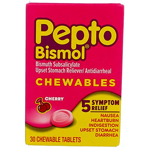 Pepto Bismol Chewable Tablets For Nausea, Heartburn, Indigestion, Upset Stomach, And Diarrhea - 5 Symptom Fast Relief, Cherry Flavor 30 Ct