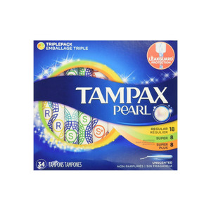 Tampax Pearl Plastic Tampons, Triple Pack, Regular/Super Plus Absorbency, Unscented, 34 Ea
