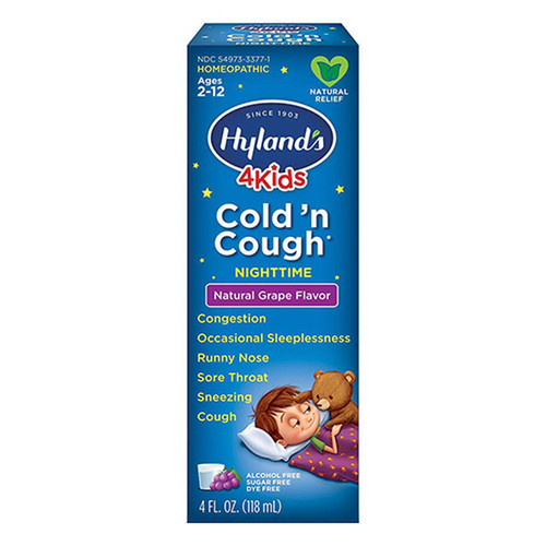 Hylands 4Kids Nighttime Cold And Cough Syrup, Natural Grape Flavor - 4 Oz