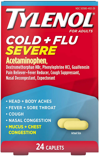 Tylenol Cold + Flu Severe Medicine Caplets For Fever, Pain, Cough & Congestion, 24 Ct
