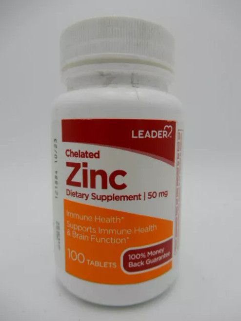 Leader Chelated Zinc 50 mg for Immune Health - 100 Tablets