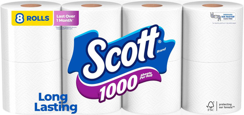 Scott 1000 Toilet Paper 8 Rolls Septic-Safe 1-Ply Toilet Tissue