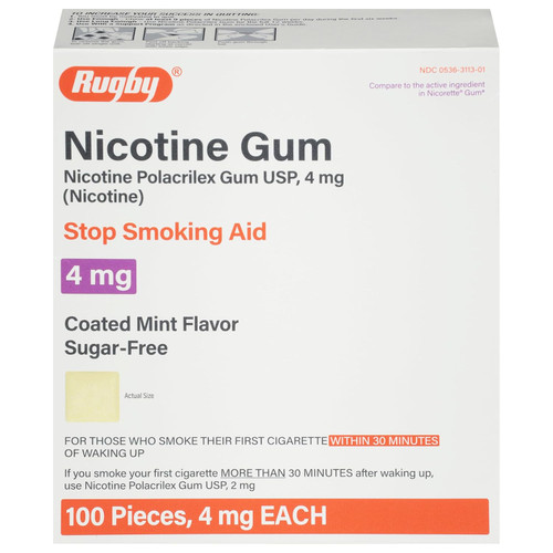 Rugby Polacrilex 4 mg Nicotine Gum Smoking and Vaping Quitting Aid - 100 Ct