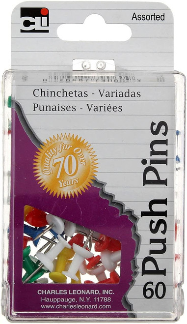 CLi Push Pins in Reusable Box - Assorted - 60 Count
