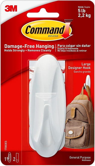 Command Large Designer Wall Hook - White, 1 Hook + 2 Strips - 5 lb