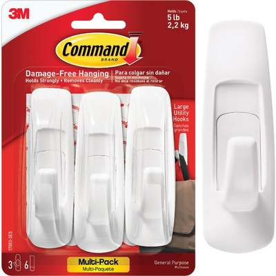 Command Large Utility Wall Hook - White, 3 Hooks + 6 Strips - 5 lb