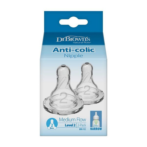Dr Brown's Level 2 Narrow Baby Bottle Silicone Nipple - Medium Flow - 2 Ct