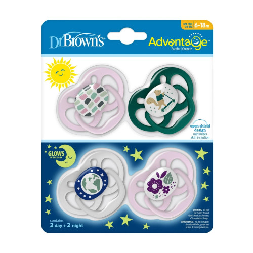 Dr Brown's Advantage Day and Night Stage 2 Pacifier - 4 pack