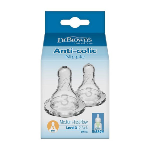 Dr Brown's Level 3 Narrow Baby Bottle Silicone Nipple Medium-Fast Flow - 2 Ct