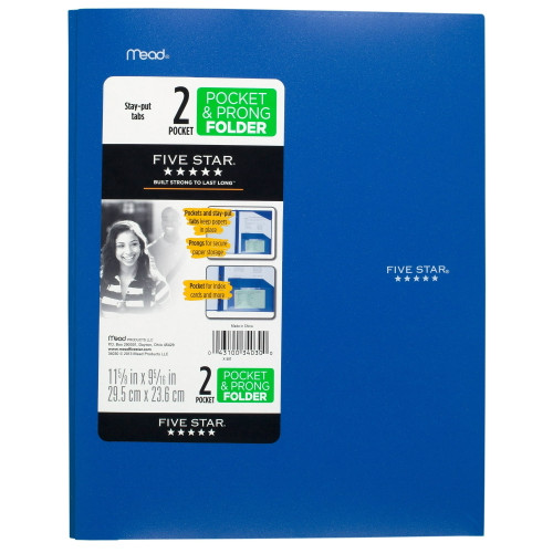 Five Star Stay-Put Plastic and Prong Folder, Assorted Colors - 1 Ct