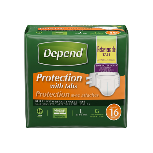 Depend Briefs, Protection With Tabs, Maximum Absorbency, Unisex, Large 16 Ea