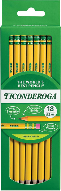 Ticonderoga Wood-Cased Pencils, Pre-Sharpened, #2 HB Soft, Yellow - 18 Ct