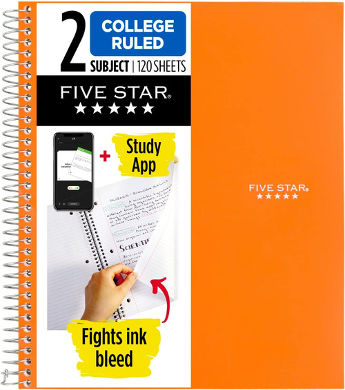 Five Star Wirebound Notebook, 2 Subject, College Ruled, 11 x 8 1/2 - 120 Pages