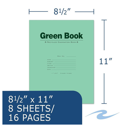 Roaring Spring Green Exam Book, Wide Rule, 11 x 8 1/2 - 8 Sheets