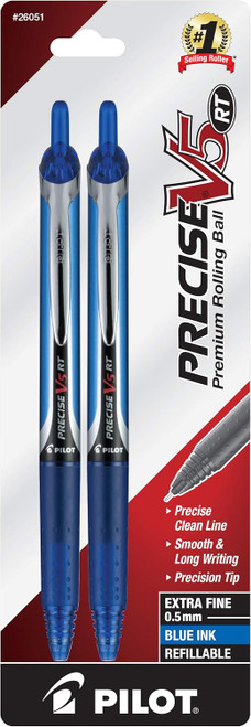 Pilot Precise V5 RT Retractable Rolling Ball Pen, Extra Fine Point (0.5mm), Blue - 2 Count