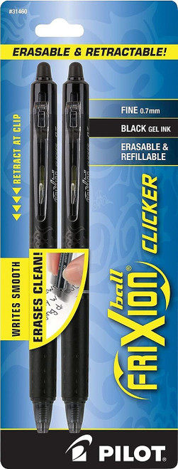 Pilot FriXion Clicker Erasable Gel Ink Pens, Fine Point (0.7mm), Black - 2 Count