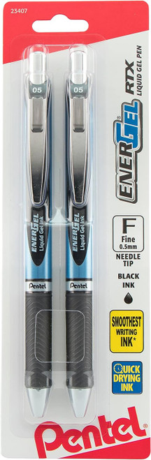Pentel EnerGel RTX Retractable Liquid Gel Pen, (0.5mm) Needle Tip, Fine Line, Black Ink - 2 Ct