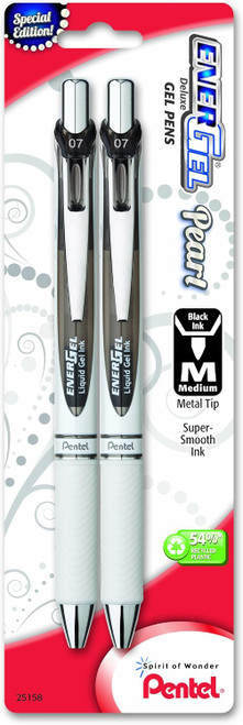 Pentel EnerGel Pearl Retractable Liquid Gel Pen, 0.7mm Metal Tip, Medium Line, Black Accent, Black Ink - 2 Ct
