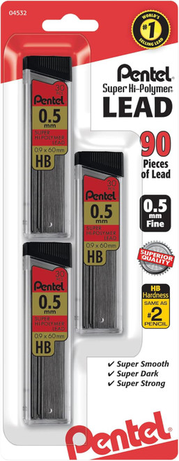 Pentel Super Hi-Polymer Lead Refill (0.5mm) Fine, HB, 30 pcs/Tube - 1 Pack