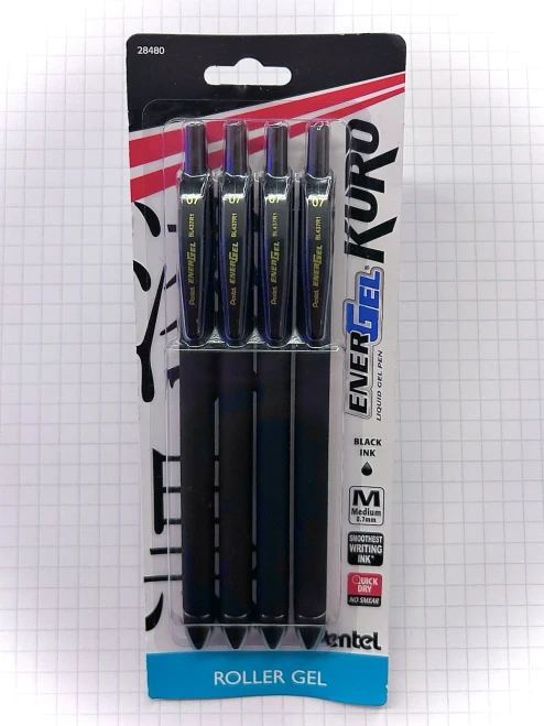 Pentel EnerGel Kuro Medium Point (0.7mm) Liquid Gel Pen Black Inc - 4 count