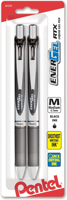 Pentel EnerGel RTX Retractable Liquid Gel Pen, (0.7mm) Metal Tip, Medium Line, Black Ink - 2 Pack