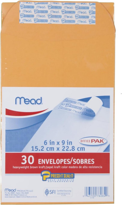 Mead Kraft Press-It Seal-It Envelopes Office Pak  6 x9 - 30 Ct