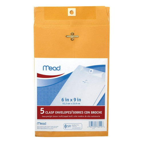 Mead Heavy Weight Clasp Envelopes, 6 x 9, Brown Kraft - 5 ct