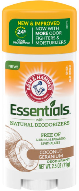 Arm & Hammer Essentials Deodorant, With Natural Deodorizers, Coconut Geranium, Free From Aluminum, Parabens & Phthalates, 2.5 Oz