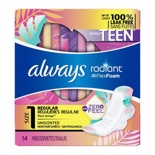 Always Radiant Teen Feminine Pads For Women, 14Count