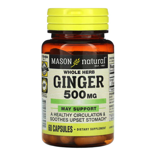 Mason Natural Whole Herb Ginger 500 Mg, Natural Herbal Supplement, 60 Capsules