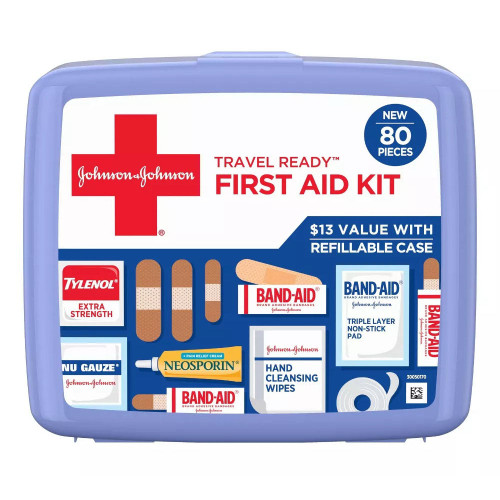 Band-Aid Travel Ready Portable Emergency First Aid Kit For Minor Wound Care With Assorted Adhesive Bandages, 80 Pc