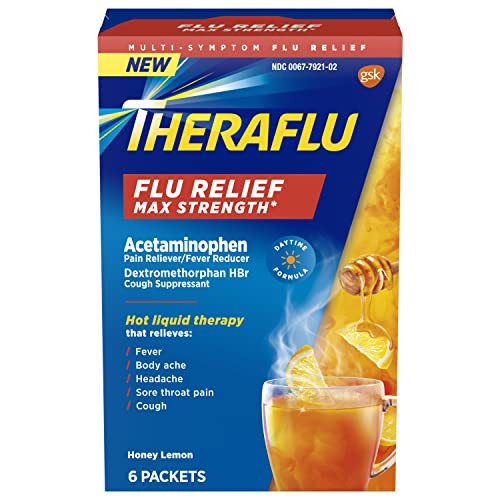 Theraflu Max Strength Daytime Flu Medicine For Flu Symptom Relief With Acetaminophen And Dextromethorphan Hbr, Honey Lemon Flavored - 6 Powder Packets