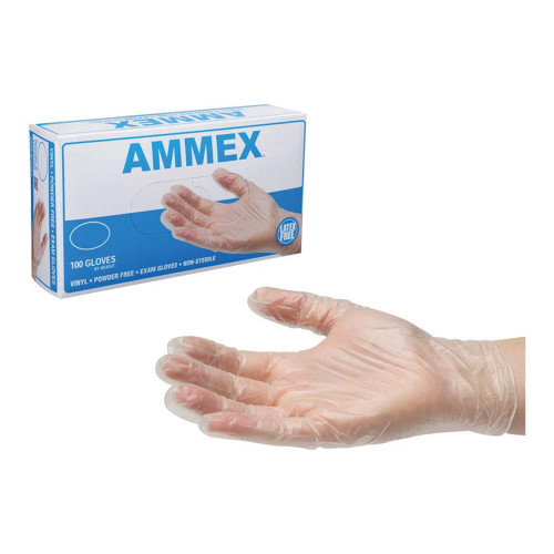 Ammex Vinyl, Latex Free, Powder Free, Medical Disposable Gloves, X-Large, Clear, 100/Box