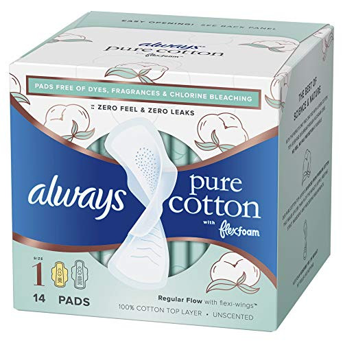 Always Pure Cotton Feminine Pads For Women, Size 1, Regular, With Wings, Unscented, 14 Ct