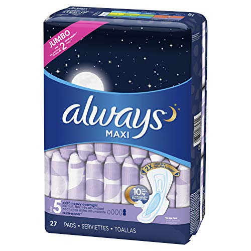 Always Maxi Pads Unscented With Wings, Overnight Absorbency, Size 5, 27 Ct