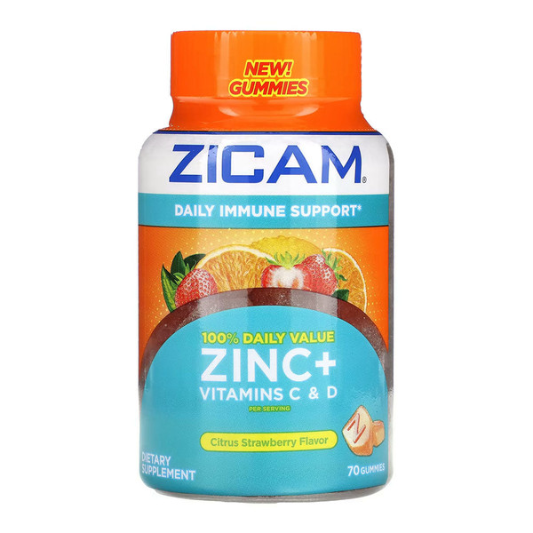 Zicam Daily Immune Support, Gummy Supplement, Zinc, Vitamin C And Vitamin D, Citrus Strawberry Flavor, 70 Count