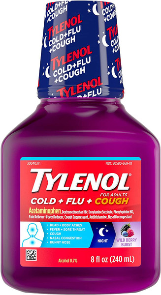 Tylenol Cold + Flu + Cough Night Liquid Medicine With Acetaminophen, Wild Berry, Grabe, 8 Fl Oz